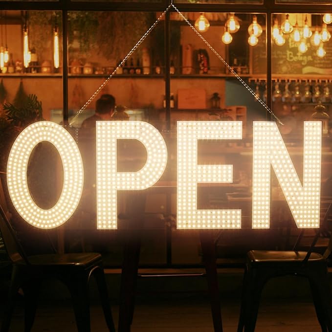 LED Open Sign for Business,48"x17" Dimmable Brightness Large Electric Light Up Sign, Hanging Installation for Store Restaurant Office Bar Hotel Salon (warm white)