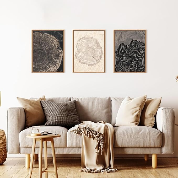 Beige Pastel Wood Tree Rings Framed Canvas Wall Art Set,Modern Nature Grey Wood Stump Wall Decor,Vintage Minimalist Tree Spiral Art Print for Living Room,Bedroom,Dining Room,Office-12 x16 x3