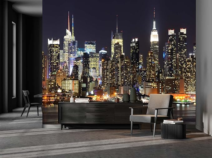 Manhattan Night View Wall Mural, 182" x 122" (8 Panels, Non-Self-Adhesive, Silk Material, Urban Theme)