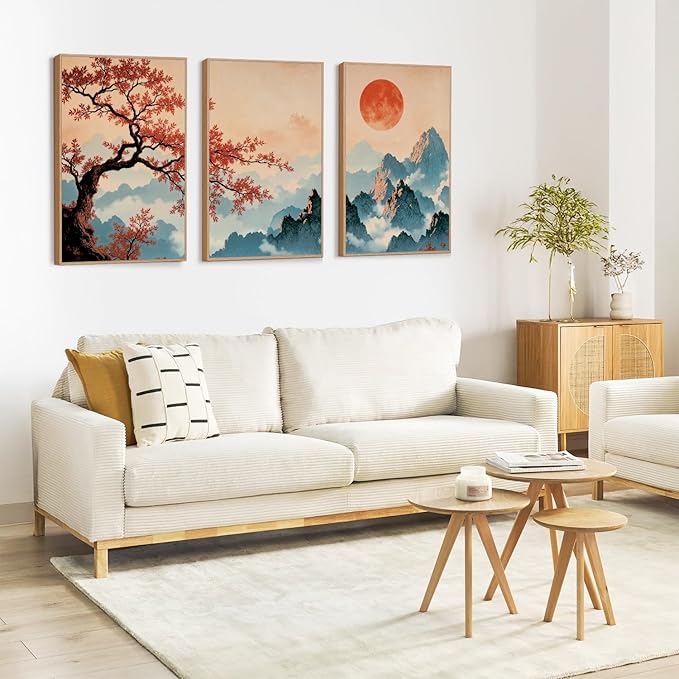 LHIUEM Large Boho Mountain Sunset Framed Canvas Wall Art Set of 3(16”X24”)Pine Tree Red Flowers Wall Decor,Chinese Style Maple Leaves Painting,Nature Landscape Forest Foggy Artworks for Bedroom Office