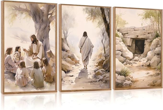 Aurlan Jesus Teaching Children Jesus on Path Framed Empty Tomb Bible Stories Wall Art(16"x24"), 3PCS Boho Christian Easter Scripture Gifts Canvas Artwork, Large Spiritual Religious Faith Decor Prints for Office Home