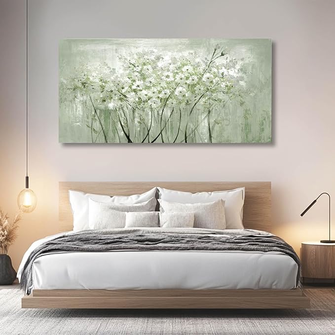 MLART99 Modern Artwork Wall Decor White Flowers Picture Art 24"x48" Plant Wall Art Decorations for Living Room Office