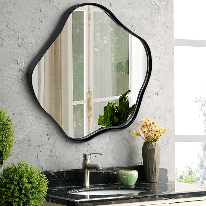 Asymmetrical Mirror, 24" Irregular Shaped Mirror for Wall, Wavy Round Mirrors Decorative, Modern Elegant Scalloped Vanity Mirrors for Living Room Bathroom Bedroom Hallway Entryway Fireplace