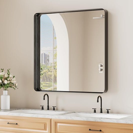 Koonmi Black Wall Mirror for Bathroom, 30x30 Inch Matte Deep Framed Rounded Rectangle Vanity Mirror for Farmhouse Living Room, Tempered Glass, Anti-Rust, Vertically or Horizontally