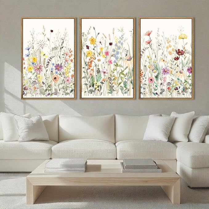 BINCUE Large Framed Floral Canvas Wall Art Colorful Wildflower Pictures Wall Decor for Living Room Bedroom Home Decor 3 Panel 16x24 Inches