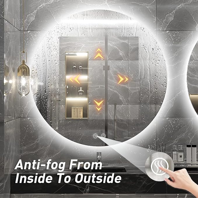 30 Inch Round LED Bathroom Mirror - 6000K Daylight Backlit, Anti-Fog & Dimmable, Frameless Waterproof Mirror with Touch Control, CRI90+, IP54 for Vanity & Makeup