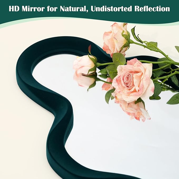 13.8x29.7 Big Decorative Mirror for Girly Bedroom Dresser Decor, Abstract Wavy Wall Mirrors for Home Book Coffee Shop Hotel Decoration, Unique Gift for Birthday Thanksgiving (Dark Green)