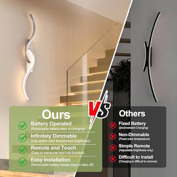 Modern Battery Operated Wall Sconces, Rechargeable Wall Sconces, 3000K-6500K LED Wireless Wall Light, Modern Wall Lamp not Hardwired for Living Room Bedroom Hallway (Nickel)