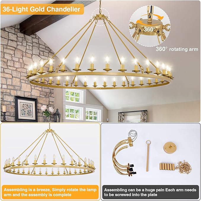 60in Gold Wagon Wheel Chandelier, 36-Light Farmhouse Large Chandelier Round Modern Rustic Industrial Adjustable Height for High Ceiling Living Room, Entryways, Foyer, Staircases, Dining Room