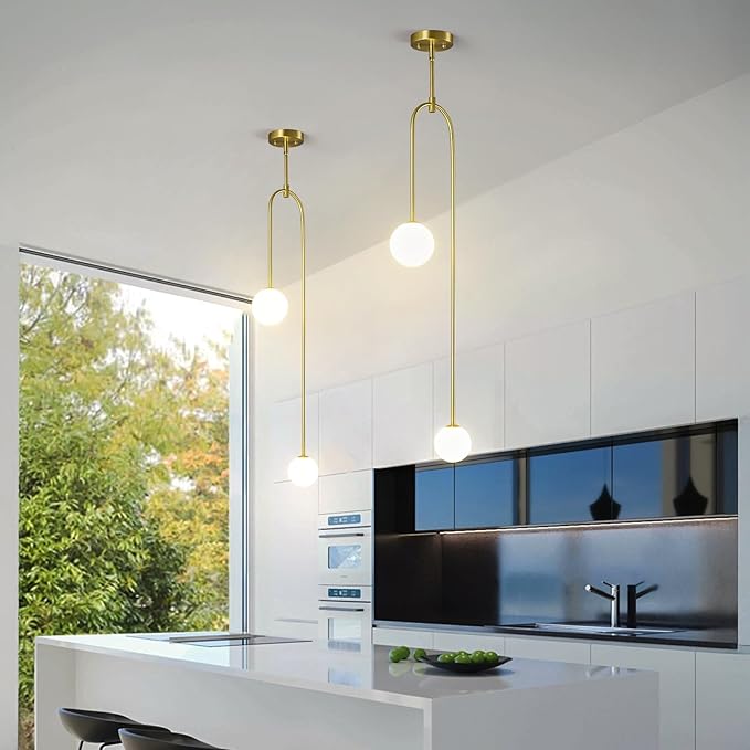 Modern Milk Glass Pendant Light 2 Light Mid Century Chandelier Small Glass Globe Gold Pendant Lights for Kitchen Island Bedroom Dining (1 Pack)