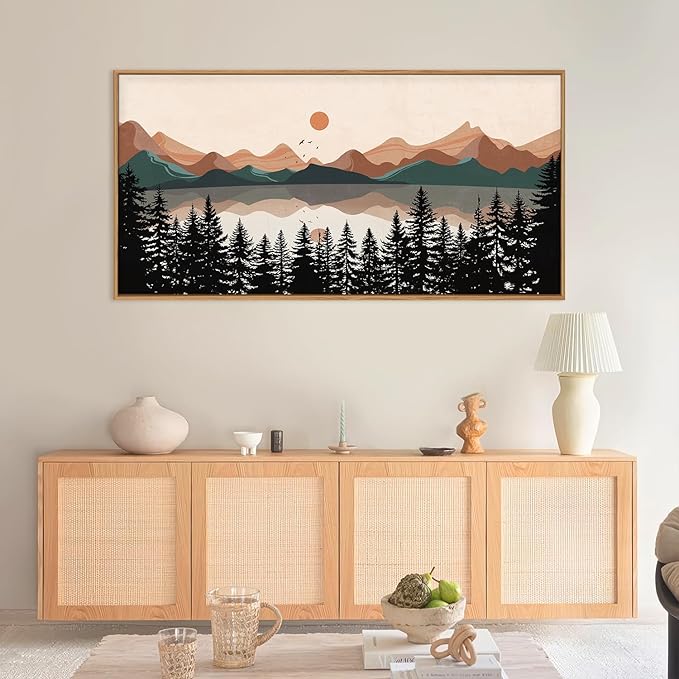 KAIRNE Mountain Framed Canvas Wall Art, Mid Century Modern Decor, Boho Wall Art Painting, Lake Pines Tree Sunset Nature Landscape Art Print for Living Room, Bedroom, Office, Dining Room- 20"x40"x1