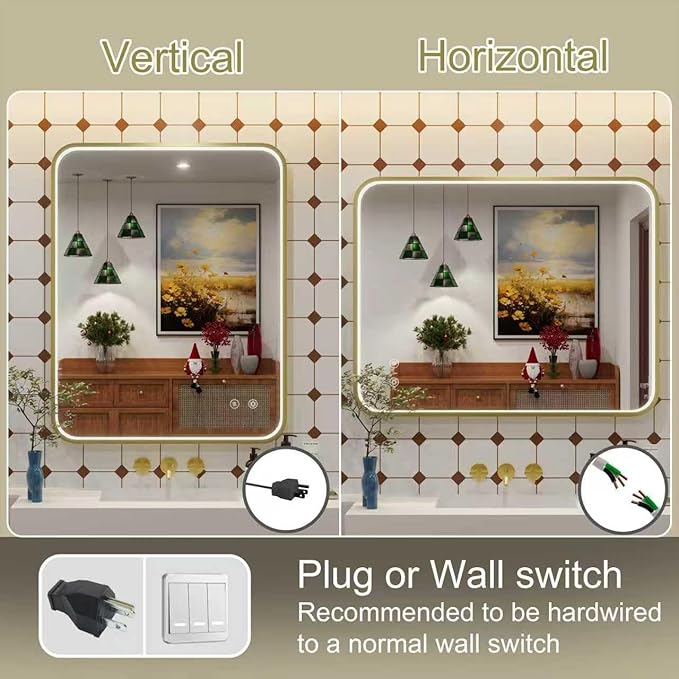 30x36 Inch Gold LED Bathroom Mirror with Lights, Adjustable 300K/4500K/6000K, Wall Mounted Framed Lighted Bathroom Vanity Mirrors, Anti-Fog, Memory, Stepless Dimmable, Horizontal/Vertical