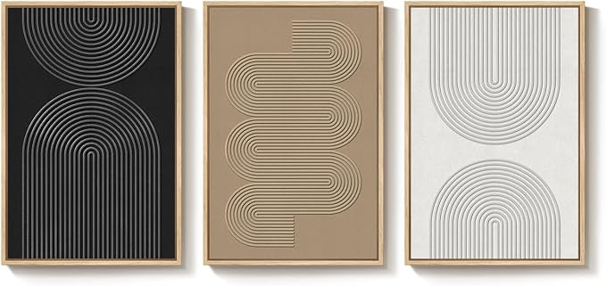 3D Textured Framed Boho Neutral Abstract Wall Art, 3 Piece Modern Artwork for Walls, Black White Brown Minimalist Geometric Paintings for Living Room, Dining Room, Bedroom Wall Decor 16x24 In