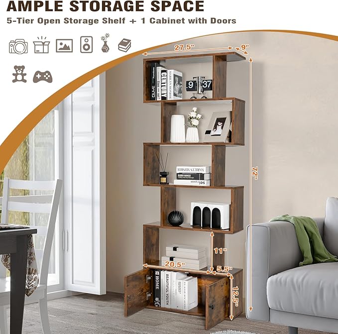 6-Tier Geometric Bookcase Set of 2, 72” Freestanding Room Divider Bookshelf with Open Display Shelves & Storage Cabinet, Wood S-Shaped Storage Organizer for Living Room, Bedroom & Home Office