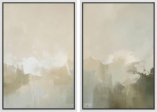 MUDECOR Framed Canvas Print Wall Art Set Neutral Misty Abstract Landscape Beige and Oliv Illustrations Modern Art Decorative Bohemian Calm/Zen for Living Room, Bedroom, Office - 16"x24"x2 White