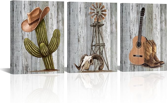 KLVOS 3 Pcs Cowboy Wall Art Vintage Western Canvas Print Cactus Windmill Cowboy Boots and Hat Painting on Wooden Background Picture Farmhouse Decor Framed