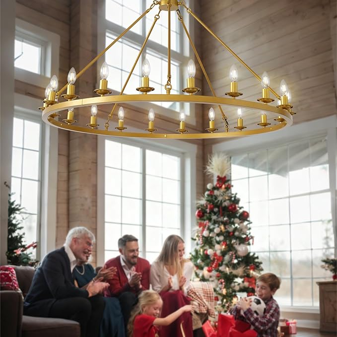 48" Gold Wagon Wheel Chandelier, 20 Light Farmhouse Large Brass Chandelier Round Modern Rustic Industrial Adjustable Height for High Ceiling Living Room, Entryways, Foyer, Dining Room