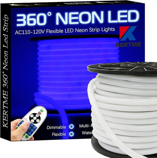 360° Neon Led Type AC 110-120V 360 Degree NEON LED Light Strip, Flexible/Waterproof/Dimmable/Multi-Modes LED Rope Light + Remote for Home/Garden/Building Decor (98.4ft/30m, Blue)