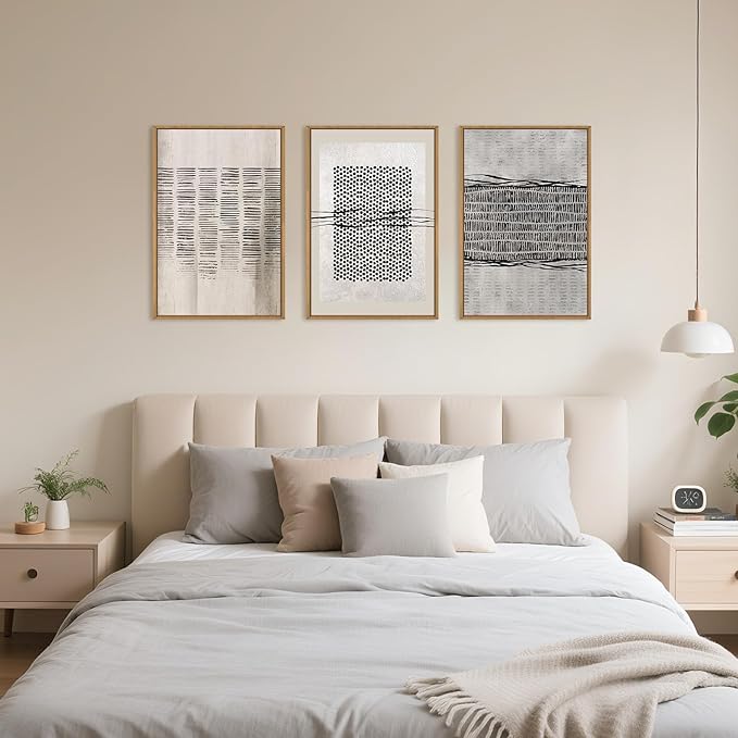 Large Abstract Black and Beige Framed Canvas Wall Art,Minimalist Geometric Lines Wall Decor,Cozy Neutral Shapes Artwork,Modern Lines Dots Art Print for Living Room,Bedroom,Office- 16"x24"x3