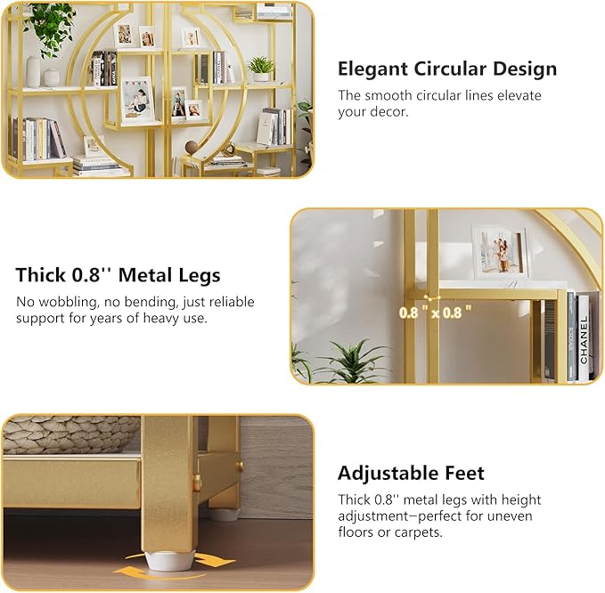 Modern Book Shelf, White and Gold Bookshelf, 70.8 Inch Tall Etagere Bookcase, Set of 2 Geometric Display Shelves for Living Room, Bookcases/Bookshelf with Metal Frame for Home Office