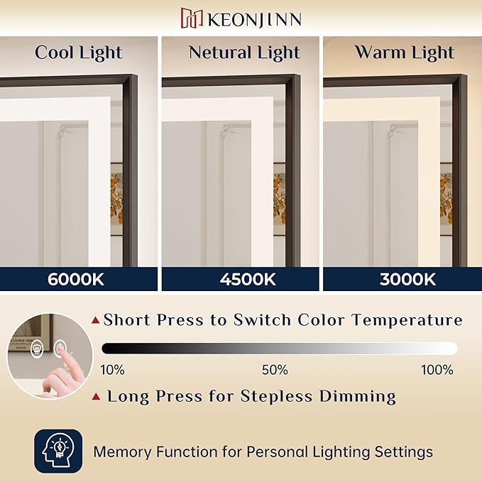 Keonjinn 24 x 36 Inch Black Bathroom Mirror with LED Lights, Frontlit & Backlit Bathroom Vanity Mirror, Shatter-Proof Tempered Glass, UL Listed LED Driver, Beveled Framed, 3 Color Lights, Anti-Fog