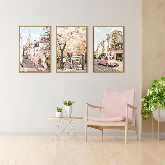 Ausril Italy Pink Cityscape Framed Canvas Wall Art Set, Romantic Flower Street Wall Decor, Vintage Travel City Wall Painting, Italian Pink Bike Art Prints for Living Room, Bedroom, Office - 16"X24"X3