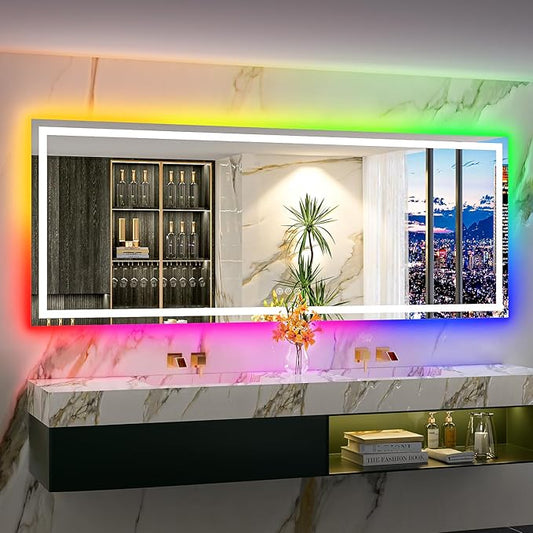 96x36 Inch RGB LED Bathroom Mirror Front Light and RGB Backlit Lighted Vanity Mirror for Bathroom Wall Mounted Dimmable Anti Fog Memory Shatter-Proof IP54 Waterproof Horizontal/Vertical