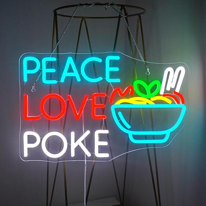 Looklight Peace Love Poke Ramen Neon Sign,Noodles Led Lights Neon Lights for Wall Decor Light Up Signs for Restaurant Kitchen Dinning Room Japanese Noodle Shop