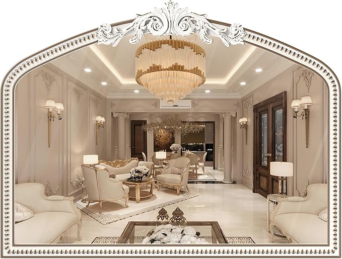 42''x32'' Baroque Wide Arched Wall Mirror, Ornate Wooden Farmhouse Arch Decorative Mirrors for Entryway, Fireplace, Bathroom with Beads Decor