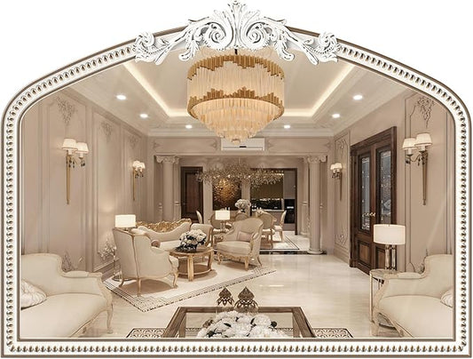 42''x32'' Baroque Wide Arched Wall Mirror, Ornate Wooden Farmhouse Arch Decorative Mirrors for Entryway, Fireplace, Bathroom with Beads Decor