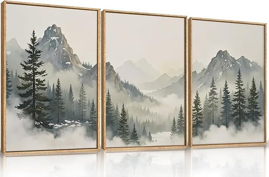 Large Nature Foggy Mountain Pine Trees Framed Canvas Wall Art, Misty Forest Landscape Wall Decor,Watercolor Woodland Scenery Artwork,Modern Art Print for Living Room, Bedroom, Office- 16"x24"x3