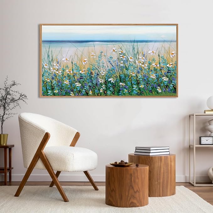 Large Blue Seaside Cyan Floral Wall Painting wildflower Blossom Art Framed Artwork for Living Room Bedroom 20x40 Inch