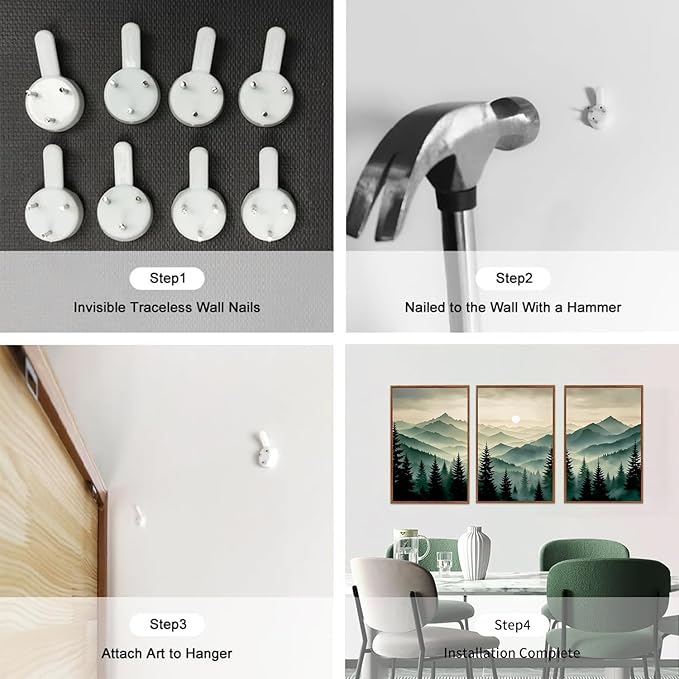 LHIUEM Abstract Mountain Wall Art,Boho Forest Pictures Set of 3(16”X24”) Framed Canvas Print Dark Green Pine Tree,Big Foggy Sun Green Mountain Painting,Sage Green Wall Art for Bedroom Living Room