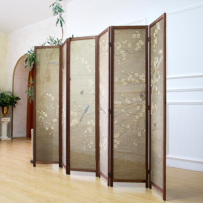 6 Panel Room Divider Screen and Folding Panel Screen,Double Sided Bamboo Divider for Room Separation,White Plum and Birds,67" H x 63" W,67" H x 94.5" W