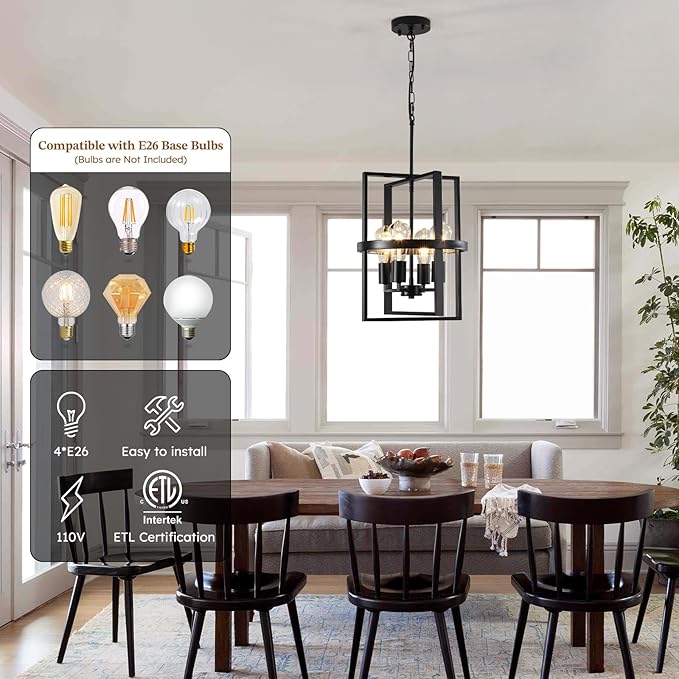 12.6"Black Chandelier for Dining Room, 4-Light Modern Farmhouse Chandelier with Geometric Cage Adjustable, Foyer Lighting Fixtures Rustic Pendant Lights for Kitchen Entryway Hallway Living Room