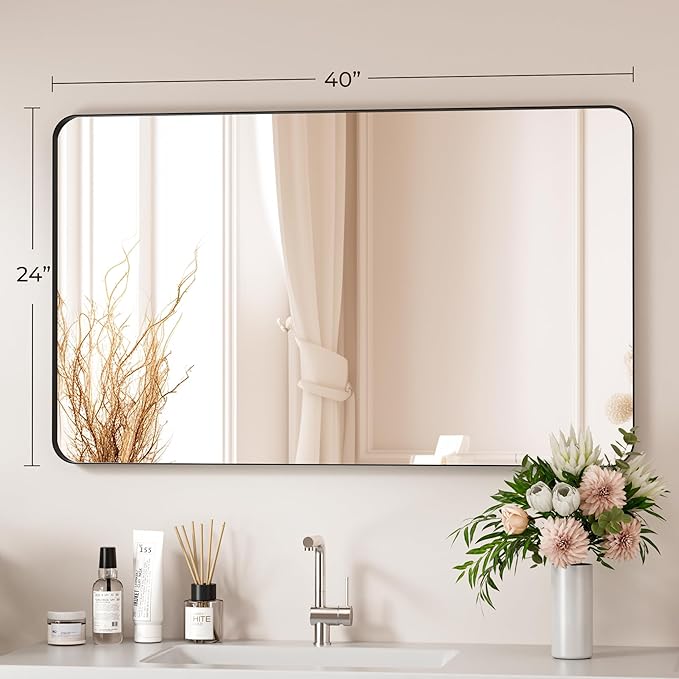 Black Bathroom Mirror 40X24 Inch Bathroom Vanity Mirror for Wall, Metal Frame Large Mirror, Tempered Glass, Modern Wall Mirror for Bathroom, Farmhouse, Horizontally or Vertically Hanging