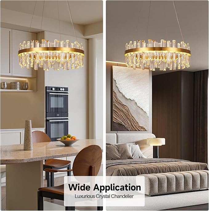 Modern Gold Crystal Led Chandelier: 23.6" Round 3 Color Dimmable K9 Luxury Crystals Chandeliers for Dining Room Lights over Table - Elegant Contemporary Living Room Bedroom Kitchen Light with Remote