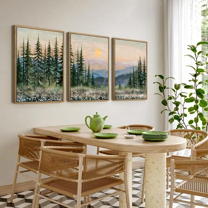 Boho Sunset Forest Framed Canvas Wall Art Set,Colorful Nature Landscape Green Pine Tree Wall Decor, Modern Watercolor Mountain Artwork for Living Room,Bedroom,Office-16 x24 x3