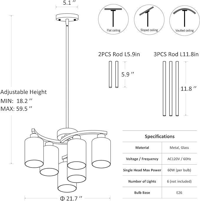 6-Light Modern Farmhouse Black Chandelier, Contemporary Dining Room Light Fixture, Adjustable Height Hanging Industrial Pendant Lights Kitchen Island, Clear Glass Shade