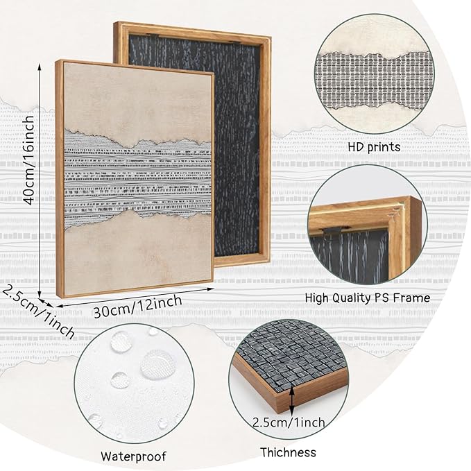 LHIUEM Coastal Chic Decor Blue Abstract Shapes Framed Canvas Wall Art Set of 3(12”X16”)Modern Tree Rings Wall Decoration Fireplace Grey Blue Decor Navy Blue Beige Brown Canvas Wall Art for Home Office