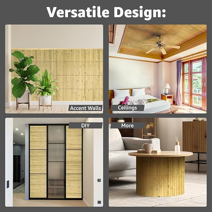 Art3d Natural Bamboo Wall Panel for Interior Wall Decor, Renewable Pole Wrap Wainscoting Paneling for Wall Ceiling Furniture Cabinet Office, 12 x 96 Inch, 2-Pack - Natural