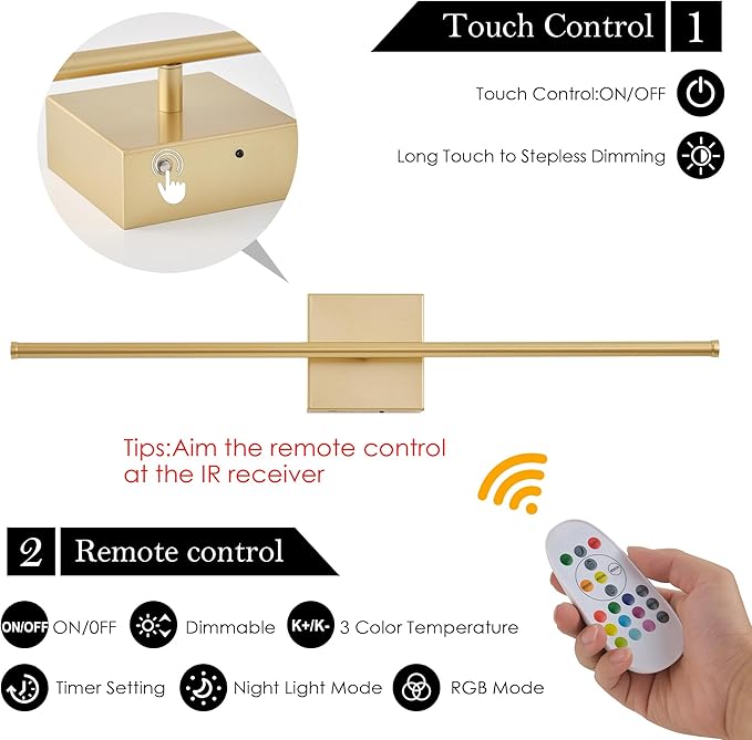 Battery Operated Wireless Wall Sconces Set of Two, with Remote, Dimmable, Warm White/Natural White/Daylight/RGB, 350°Rotate, LED Gold Wireless Wall Light for Living Room, Bedroom, 28.3 Inch