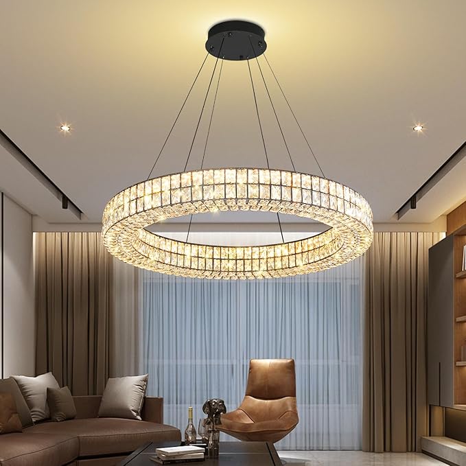 Modern Large LED Ring Chandelier Dimmable Crystal Chandeliers for Dining Room Living Room Entryway Staircase(2700K-6000k, Black 40 inch)