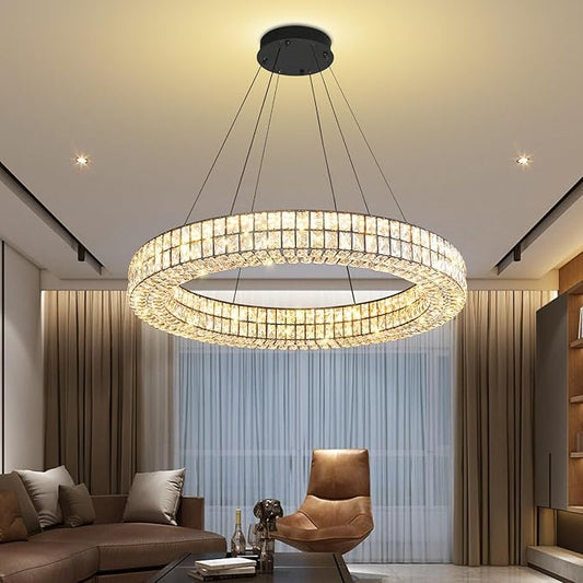 Modern Large LED Ring Chandelier Dimmable Crystal Chandeliers for Dining Room Living Room Entryway Staircase(2700K-6000k, Black 40 inch)