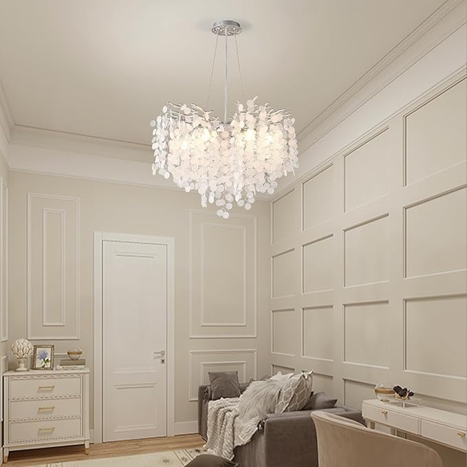 24-Inch Modern Coastal Chandelier, 8-Light Capiz Shell Chandelier for Dining Room, Silver Crystal Light Fixtures for Bedroom Living Room Foyer Kitchen Island Entryway Stairwell, E12
