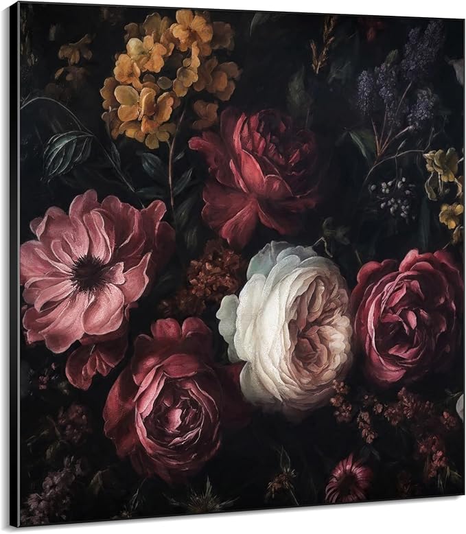 46"x46" XL Framed Wall Art - Vintage Dark Floral Romantic (Frame Assembly Required)