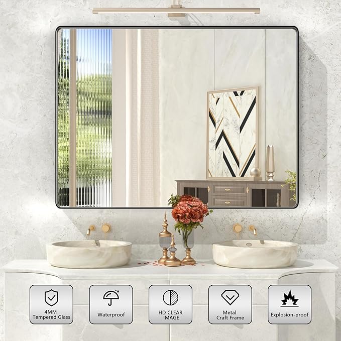 Black Bathroom Mirror,48x36 Inch Large Matte Black Bathroom Vanity Mirror,Rectangle Black Metal Framed Mirror for Wall,Anti-Rust,Shatter-Proof (Horizontal/Vertical)