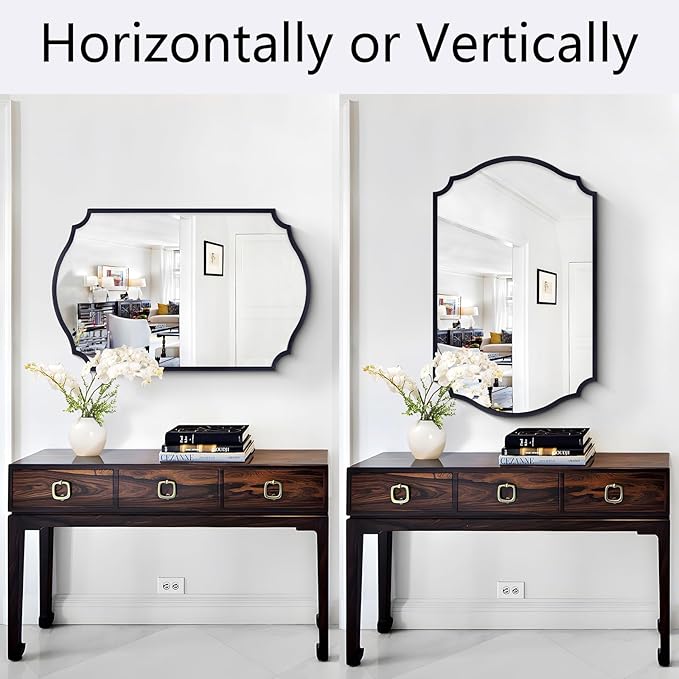 Chende Black Mirrors for Wall Decor, 36'' x 24'' Scalloped Mirror for Bathroom with Metal Frame, Large Wall Decor for Living Room, Entryway, Dining Room