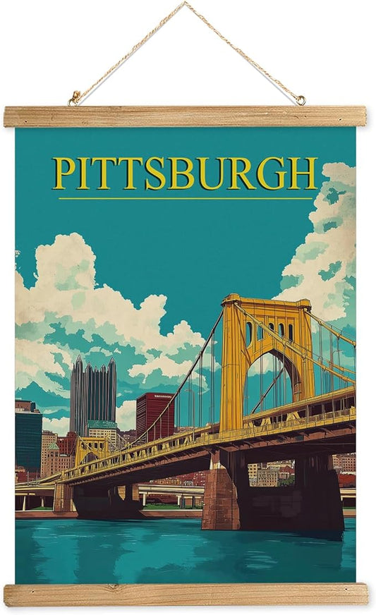 WREVERW Vintage Pittsburgh Poster Canvas Print with Wooden Hanger Frame, Featuring the Iconic Yellow Bridge and Skyline, Wall Art for Home and Office Decor, 16x23 inches