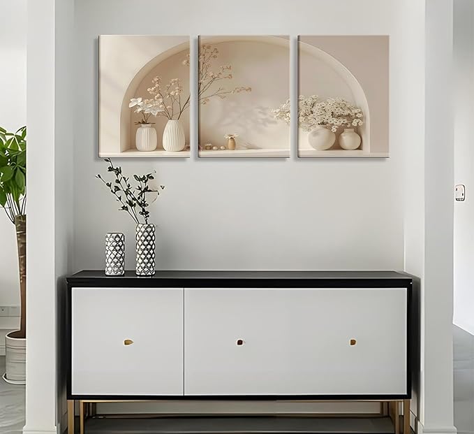 3pcs Framed Canvas Wall Art Arched Wabi Sabi Niche Textured Vases Dried Florals Posters Prints Pictures Paintings Minimalist Warm Beige Wall Decor for Bedroom Living Room Bohemian Decoration